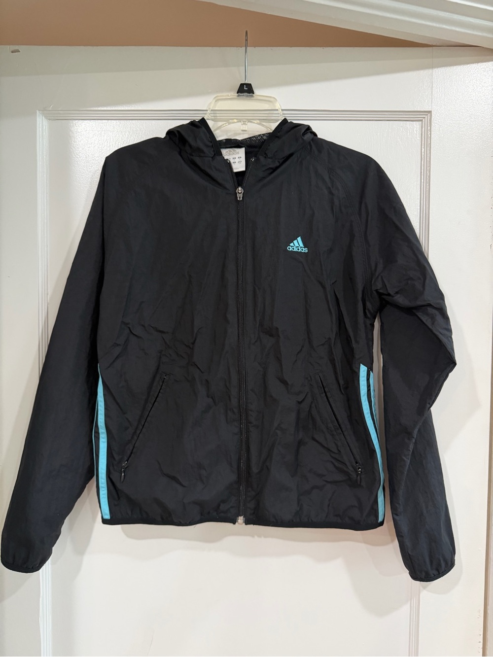 adidas Black Hooded Jacket with Aqua Trim medium